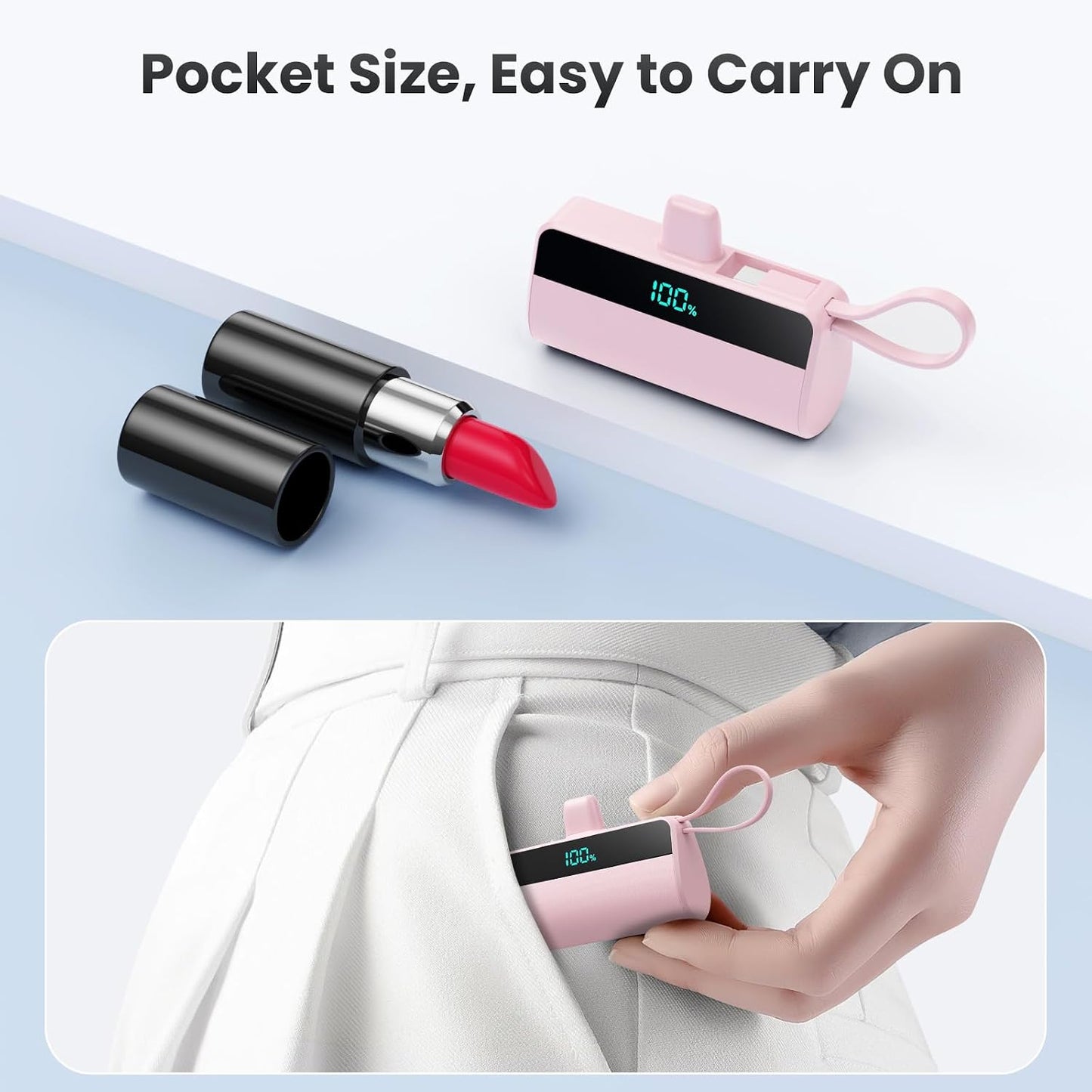 Small Portable Charger for iPhone with Built in USB C Cable, 5500mAh Mini Power Bank 20W PD Fast Charging, LCD Display Battery Pack for iPhone 17/16/15/14/13/12/11/X/8/6 Series Android Galaxy (Pink)