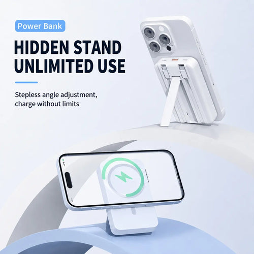 10000mAh Magnetic Power Bank with 15W Wireless Charging, Built-In Cables & Fold-Out Stand