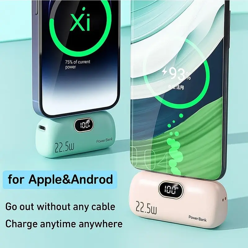 5000mAh Mini Portable Charger with 22.5W Output, Features Two USB Ports (Type-C & USB-A) and Digital Power Display for Accurate Monitoring, Compact and Lightweight Design Ensures Easy Portability
