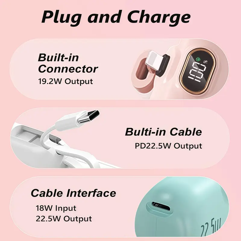 5000mAh Mini Portable Charger with 22.5W Output, Features Two USB Ports (Type-C & USB-A) and Digital Power Display for Accurate Monitoring, Compact and Lightweight Design Ensures Easy Portability