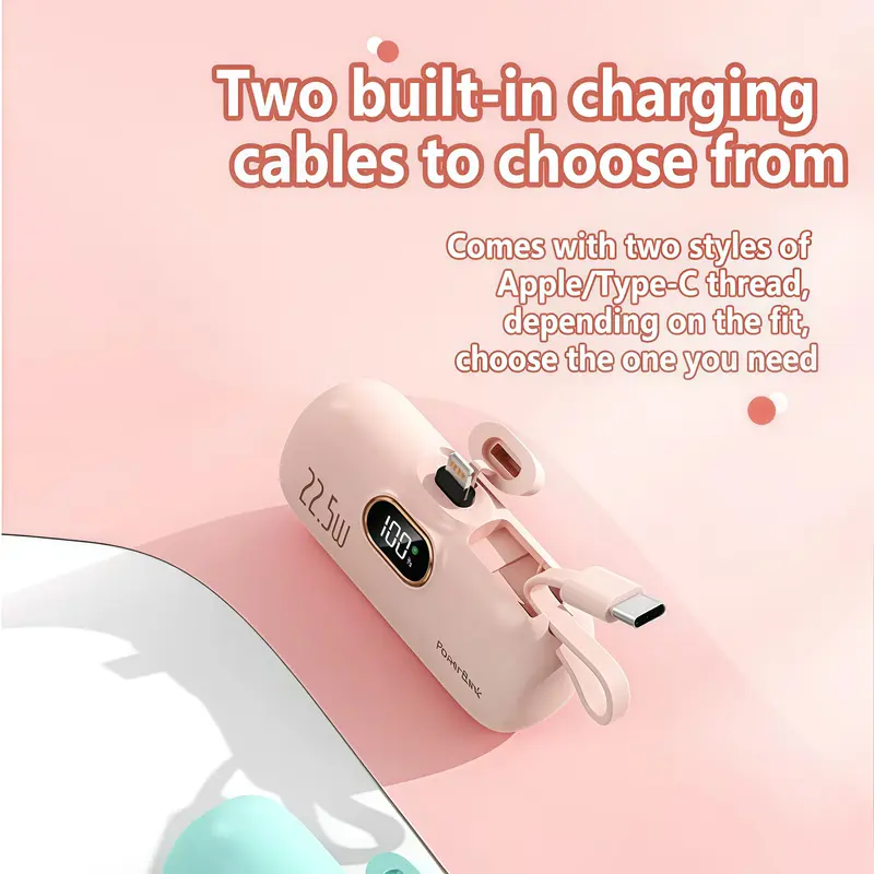 5000mAh Mini Portable Charger with 22.5W Output, Features Two USB Ports (Type-C & USB-A) and Digital Power Display for Accurate Monitoring, Compact and Lightweight Design Ensures Easy Portability