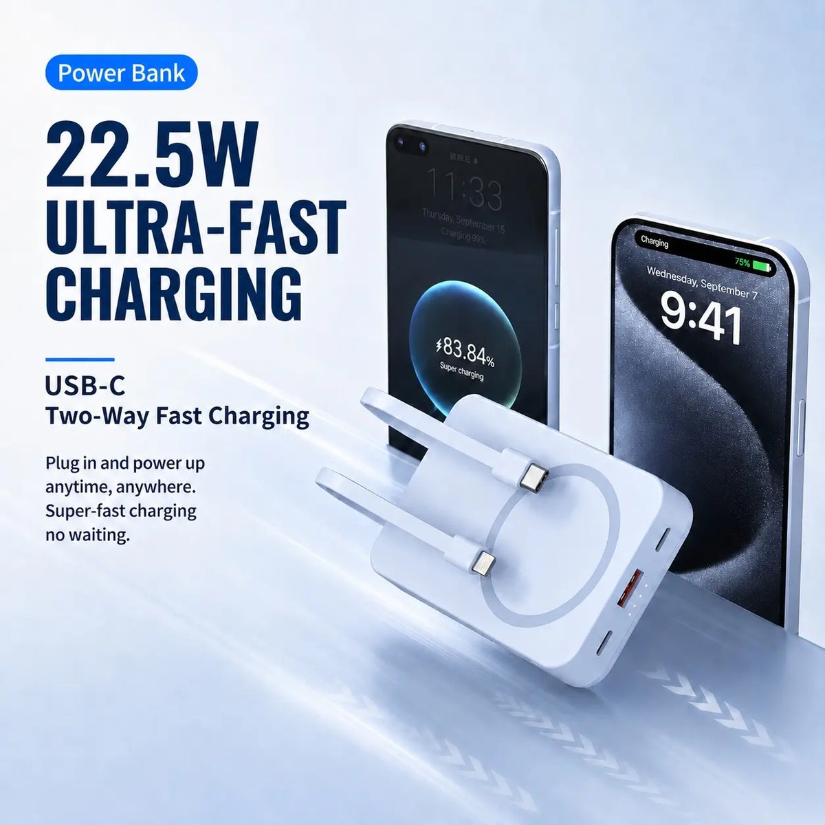 10000mAh Magnetic Power Bank with 15W Wireless Charging, Built-In Cables & Fold-Out Stand