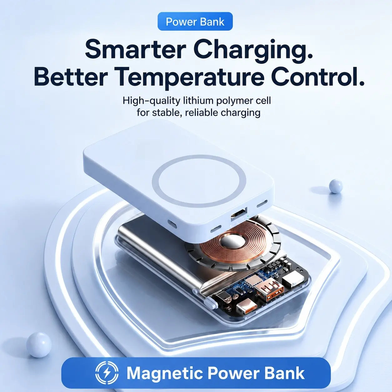 10000mAh Magnetic Power Bank with 15W Wireless Charging, Built-In Cables & Fold-Out Stand