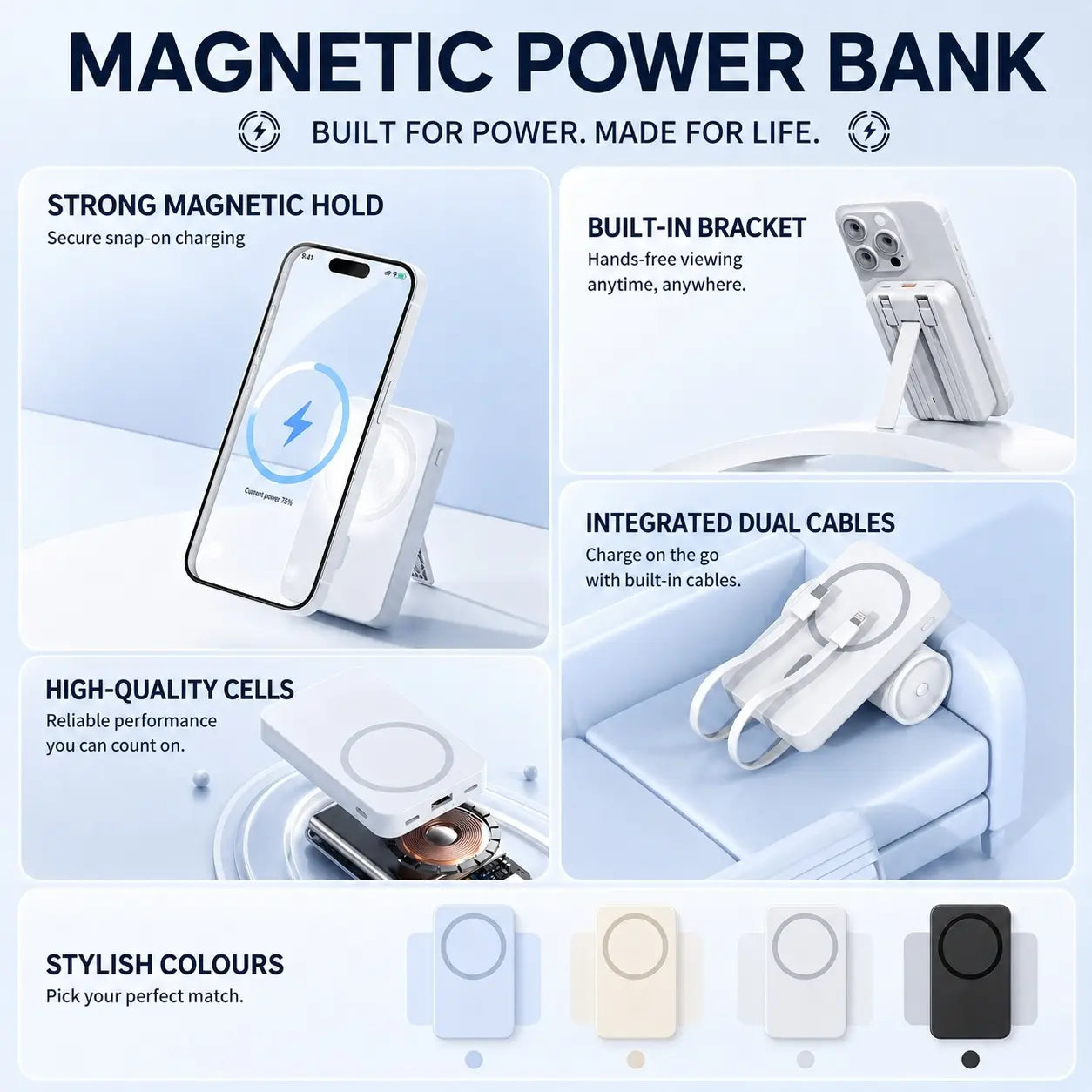 10000mAh Magnetic Power Bank with 15W Wireless Charging, Built-In Cables & Fold-Out Stand