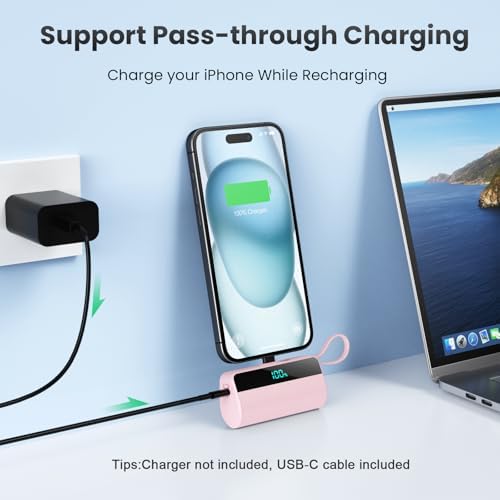 Small Portable Charger for iPhone with Built in USB C Cable, 5500mAh Mini Power Bank 20W PD Fast Charging, LCD Display Battery Pack for iPhone 17/16/15/14/13/12/11/X/8/6 Series Android Galaxy (Pink)