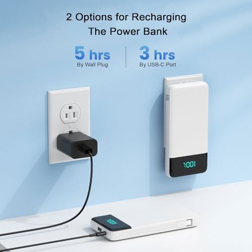 Portable Charger with Built in Cables and Wall Plug, 13800mAh USB C Fast Charging Power Bank for Travel Essentials, LED Display Battery Pack Compatible with iPhones, iPad, Samsung More Devices(White)