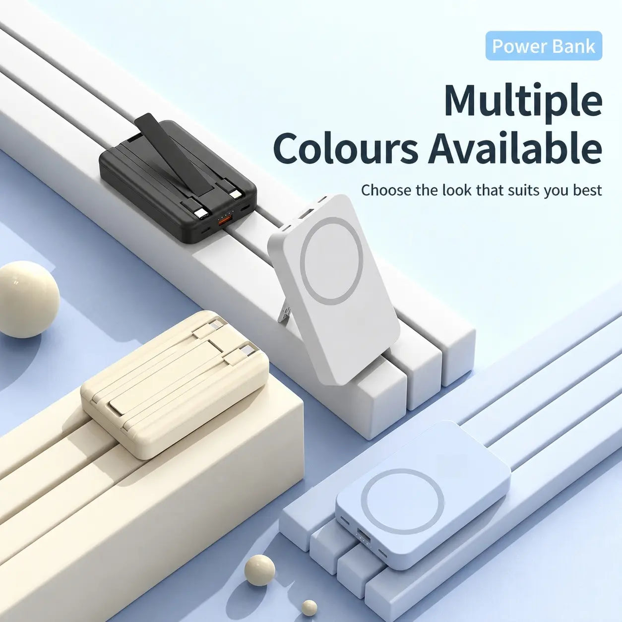 10000mAh Magnetic Power Bank with 15W Wireless Charging, Built-In Cables & Fold-Out Stand