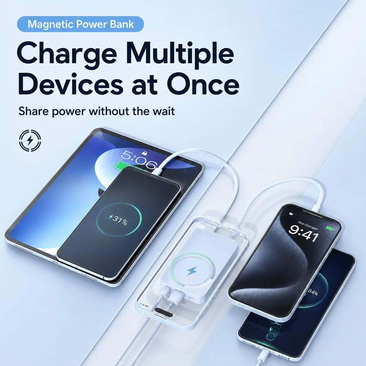 10000mAh Magnetic Power Bank with 15W Wireless Charging, Built-In Cables & Fold-Out Stand