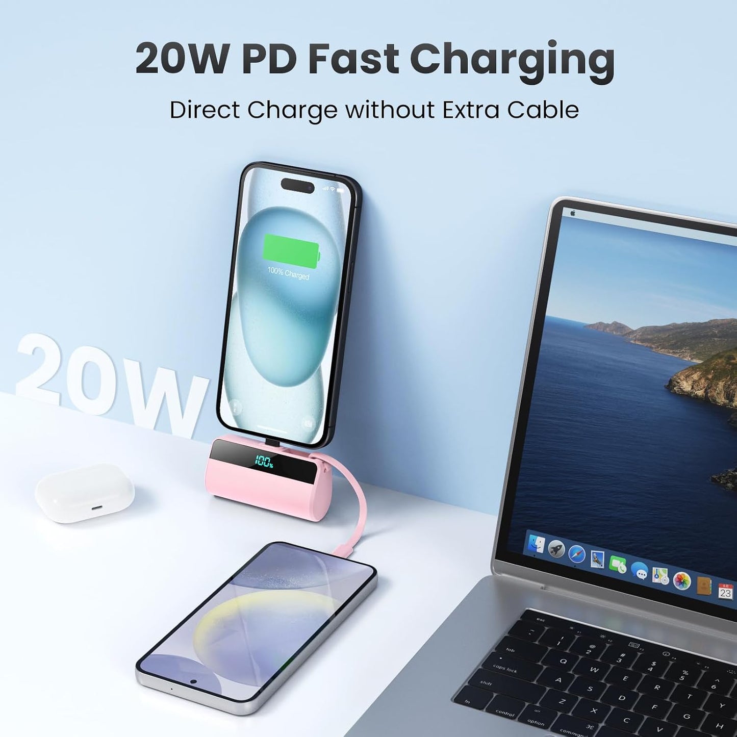 Small Portable Charger for iPhone with Built in USB C Cable, 5500mAh Mini Power Bank 20W PD Fast Charging, LCD Display Battery Pack for iPhone 17/16/15/14/13/12/11/X/8/6 Series Android Galaxy (Pink)