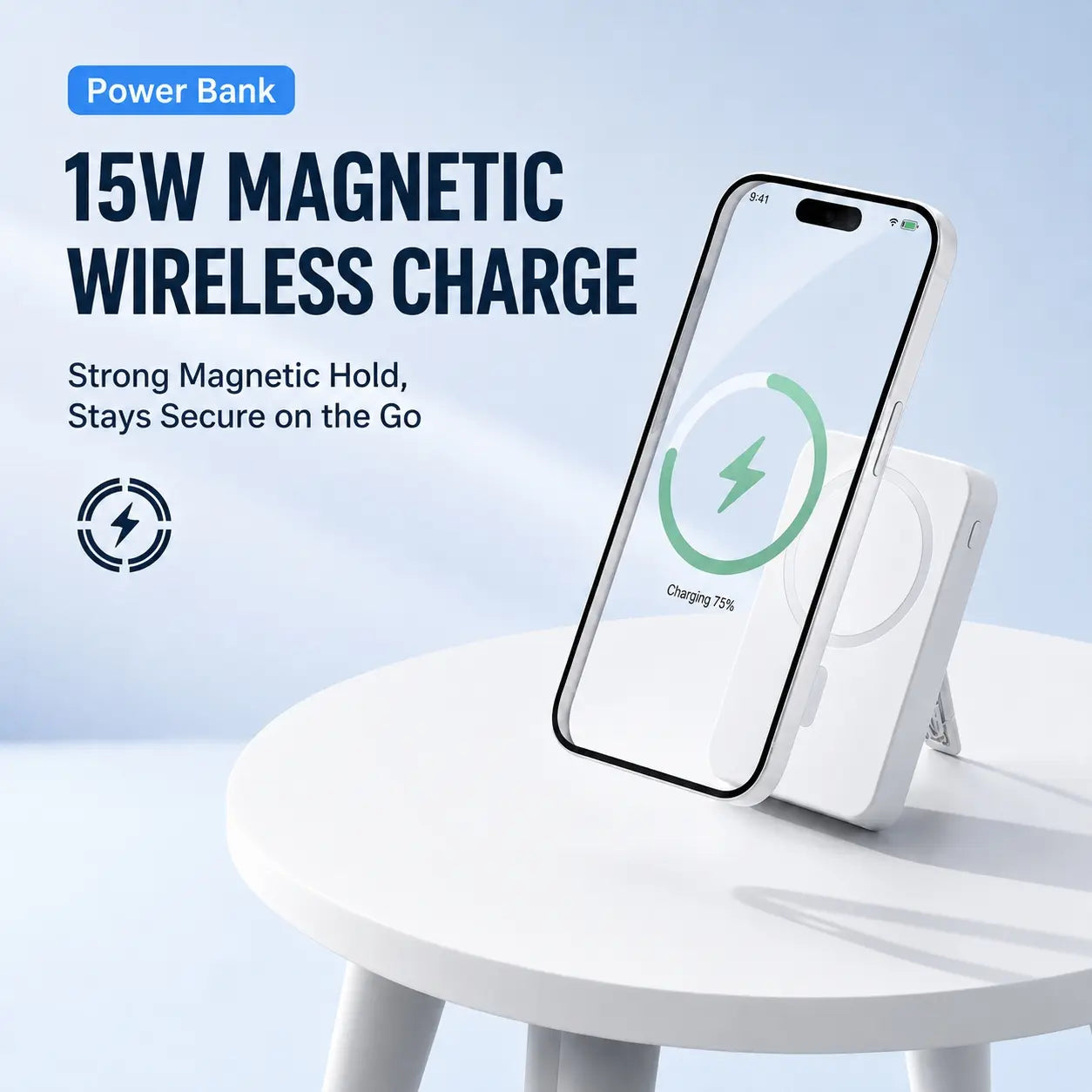10000mAh Magnetic Power Bank with 15W Wireless Charging, Built-In Cables & Fold-Out Stand