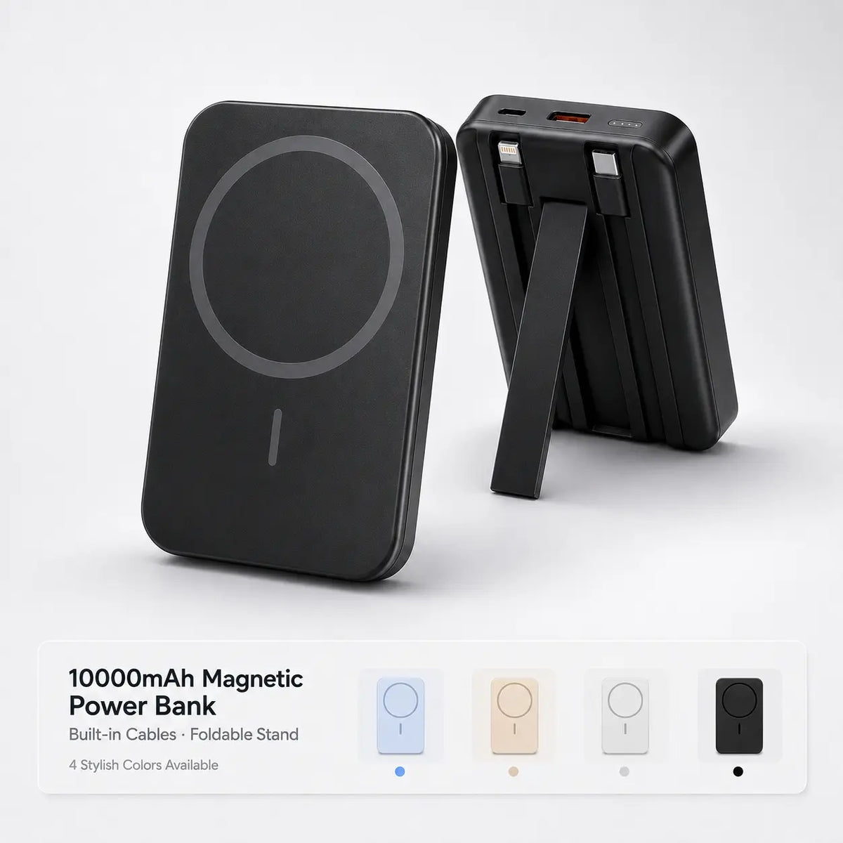 10000mAh Magnetic Power Bank with 15W Wireless Charging, Built-In Cables & Fold-Out Stand