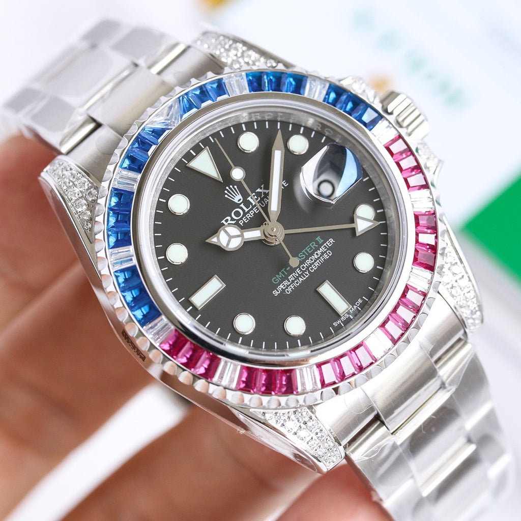GMT-Master II Rainbow 40mm Blue Diamond Stainless Steel Black Dial Watch 1