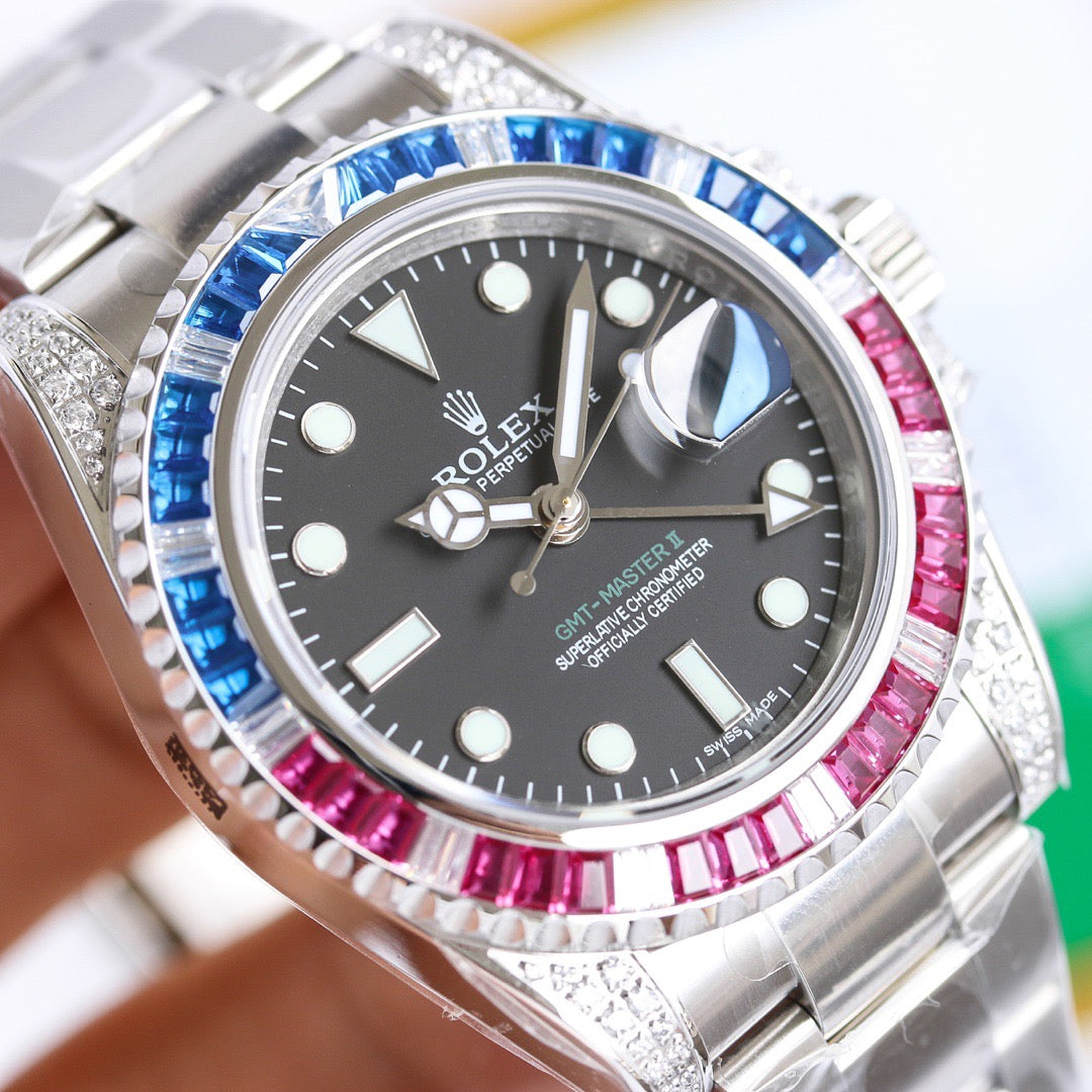 GMT-Master II Rainbow 40mm Blue Diamond Stainless Steel Black Dial Watch 2