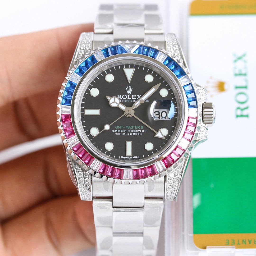 GMT-Master II Rainbow 40mm Blue Diamond Stainless Steel Black Dial Watch 3