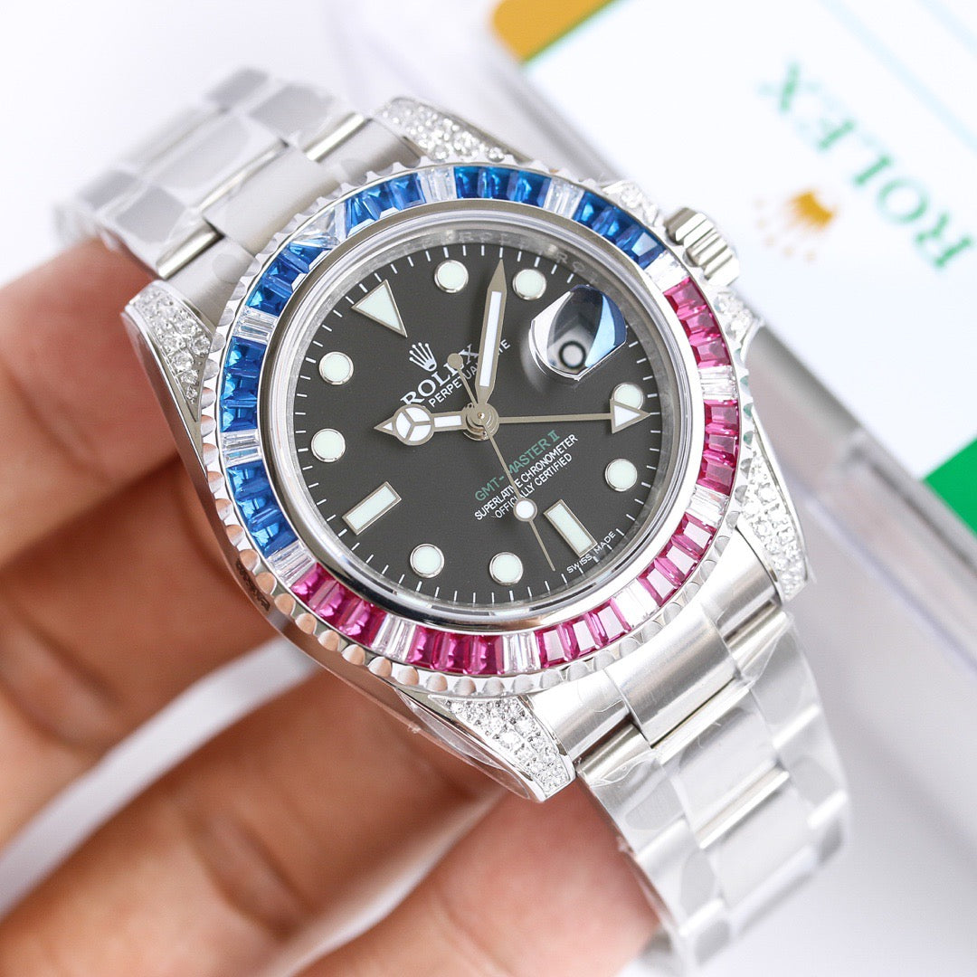 GMT-Master II Rainbow 40mm Blue Diamond Stainless Steel Black Dial Watch 4