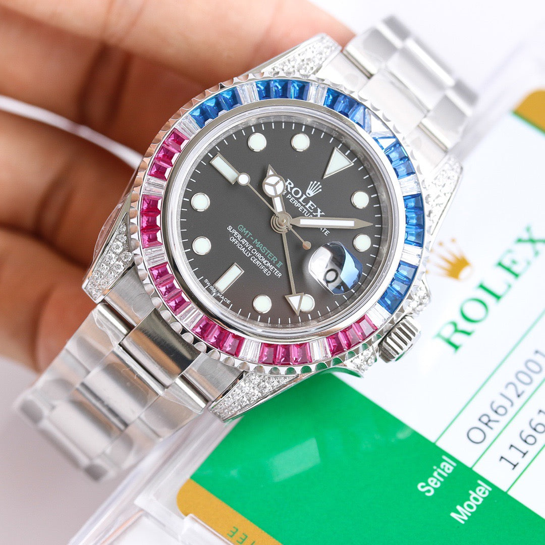 GMT-Master II Rainbow 40mm Blue Diamond Stainless Steel Black Dial Watch 5