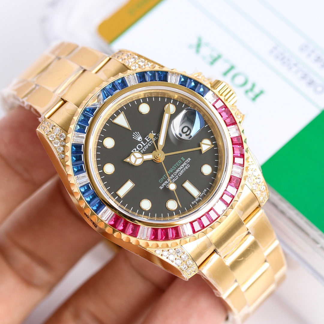 GMT-Master II Rainbow 40mm Gold Diamond Stainless Steel Black Dial Watch 1