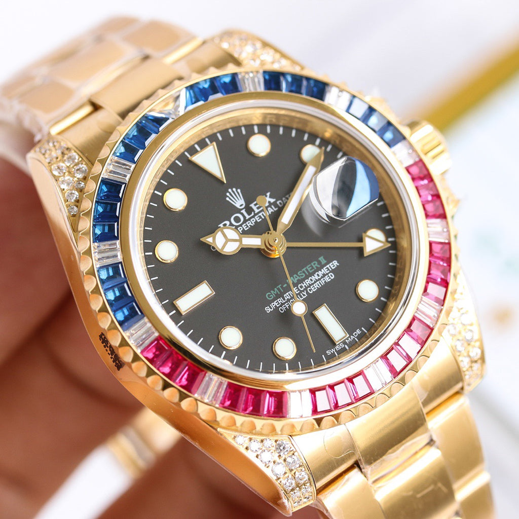 GMT-Master II Rainbow 40mm Gold Diamond Stainless Steel Black Dial Watch 2