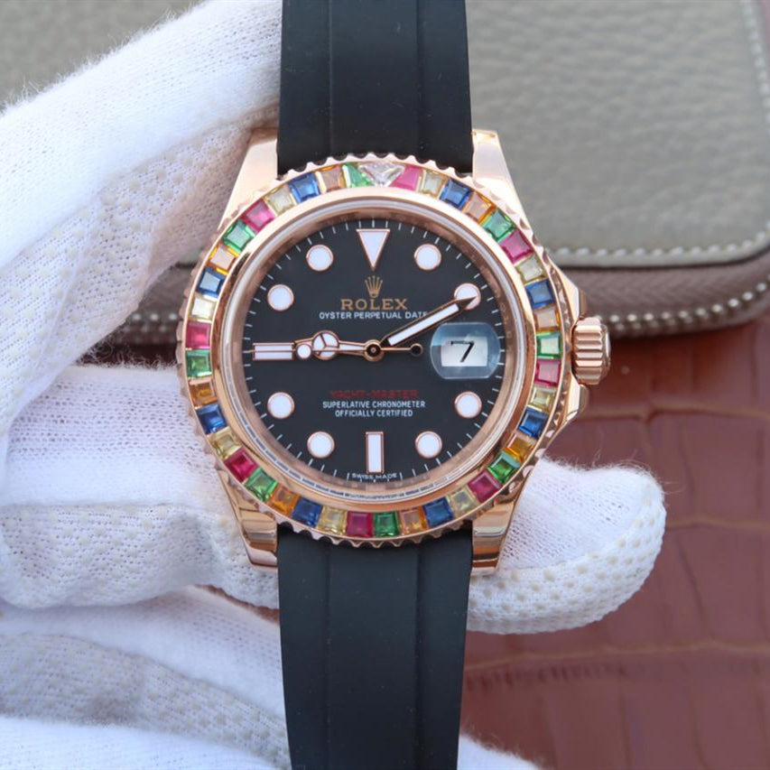 Yacht Master 1 Golden Diamond Bezel Black Dial Rubber Strap 40mm 2