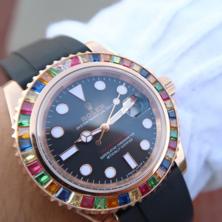 Yacht Master 1 Golden Diamond Bezel Black Dial Rubber Strap 40mm 3