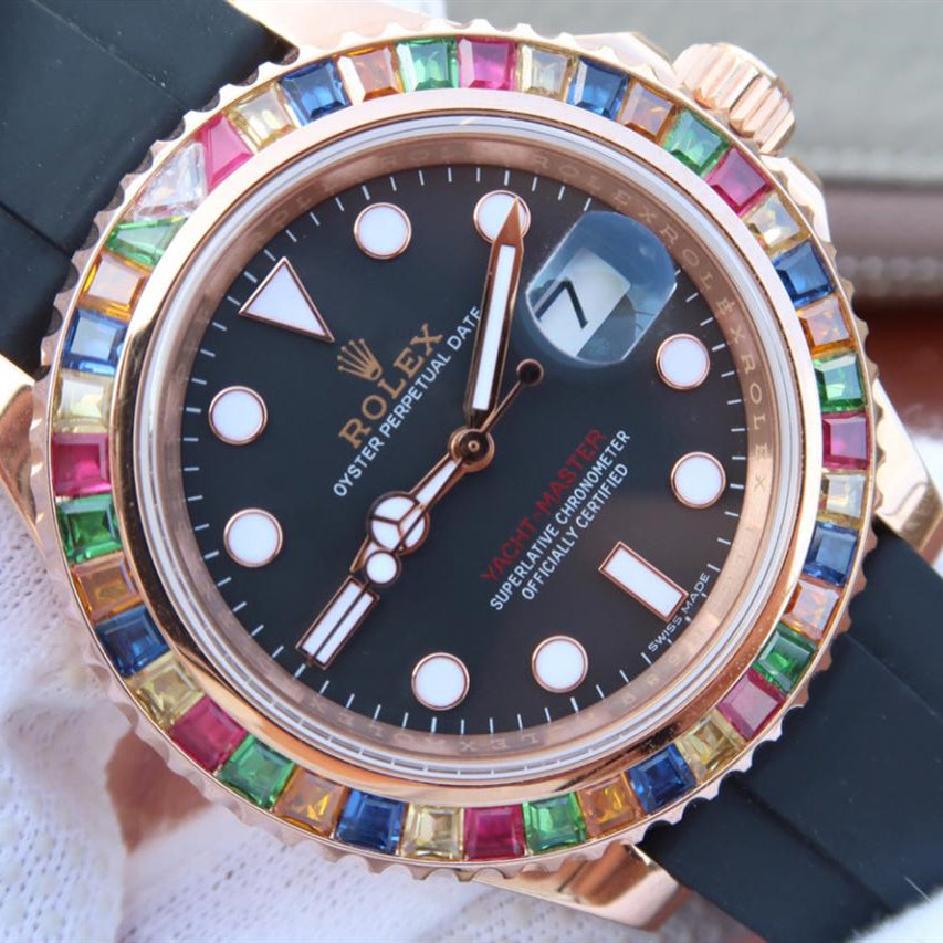 Yacht Master 1 Golden Diamond Bezel Black Dial Rubber Strap 40mm 5