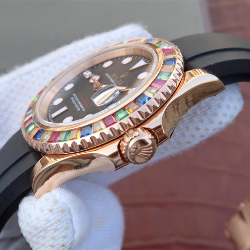 Yacht Master 1 Golden Diamond Bezel Black Dial Rubber Strap 40mm 6