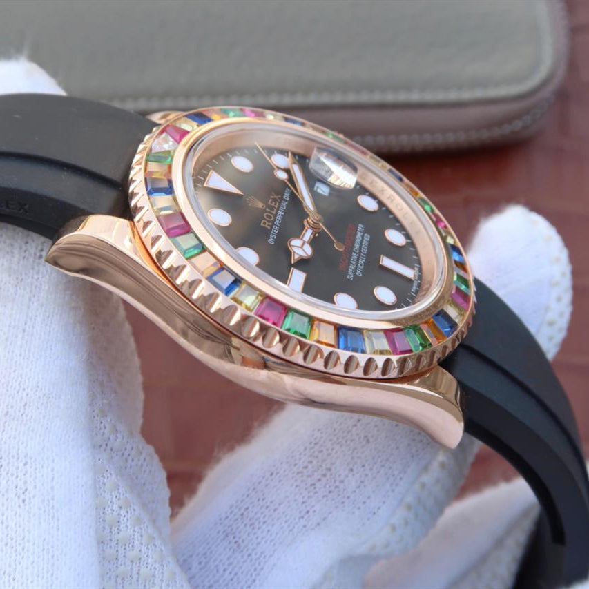Yacht Master 1 Golden Diamond Bezel Black Dial Rubber Strap 40mm 7