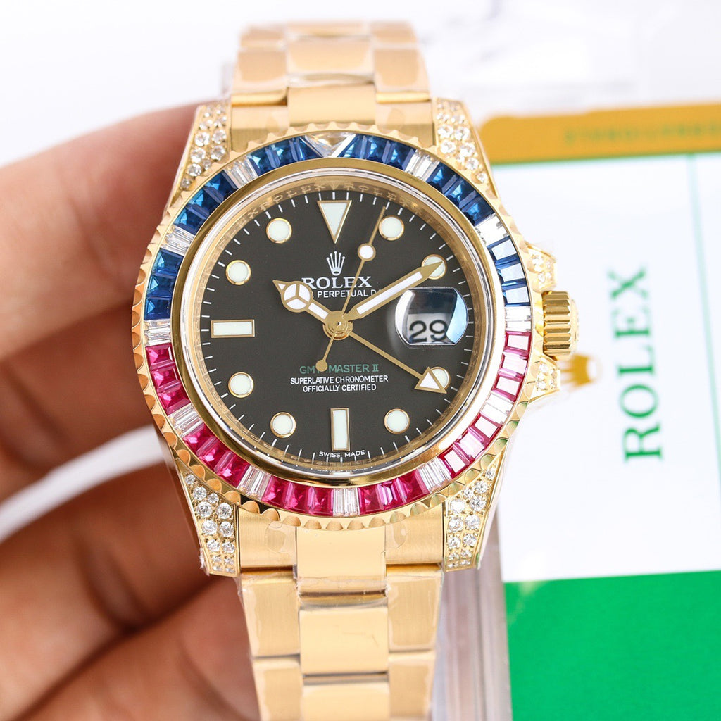 GMT-Master II Rainbow 40mm Gold Diamond Stainless Steel Black Dial Watch 3