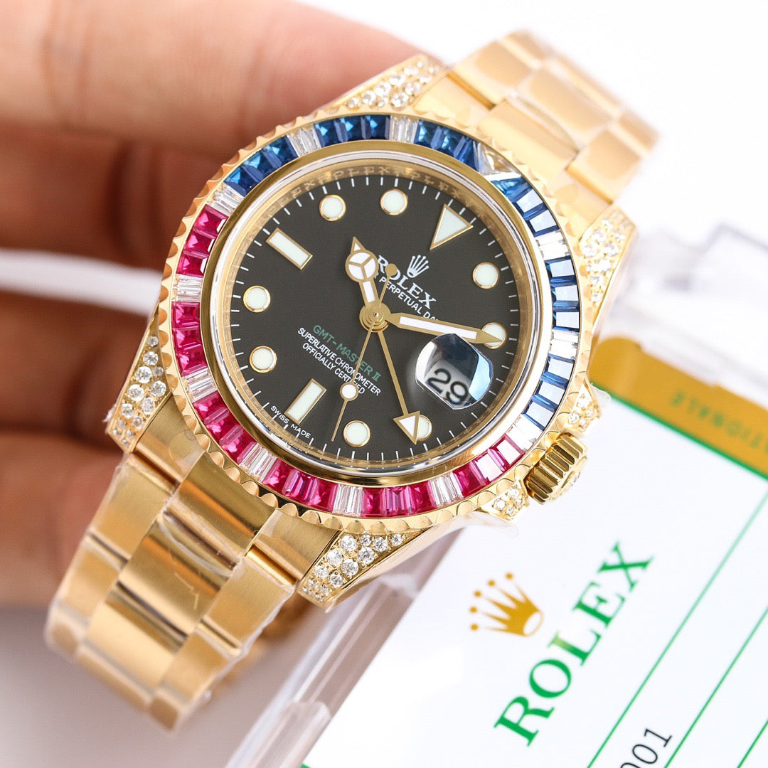 GMT-Master II Rainbow 40mm Gold Diamond Stainless Steel Black Dial Watch 4