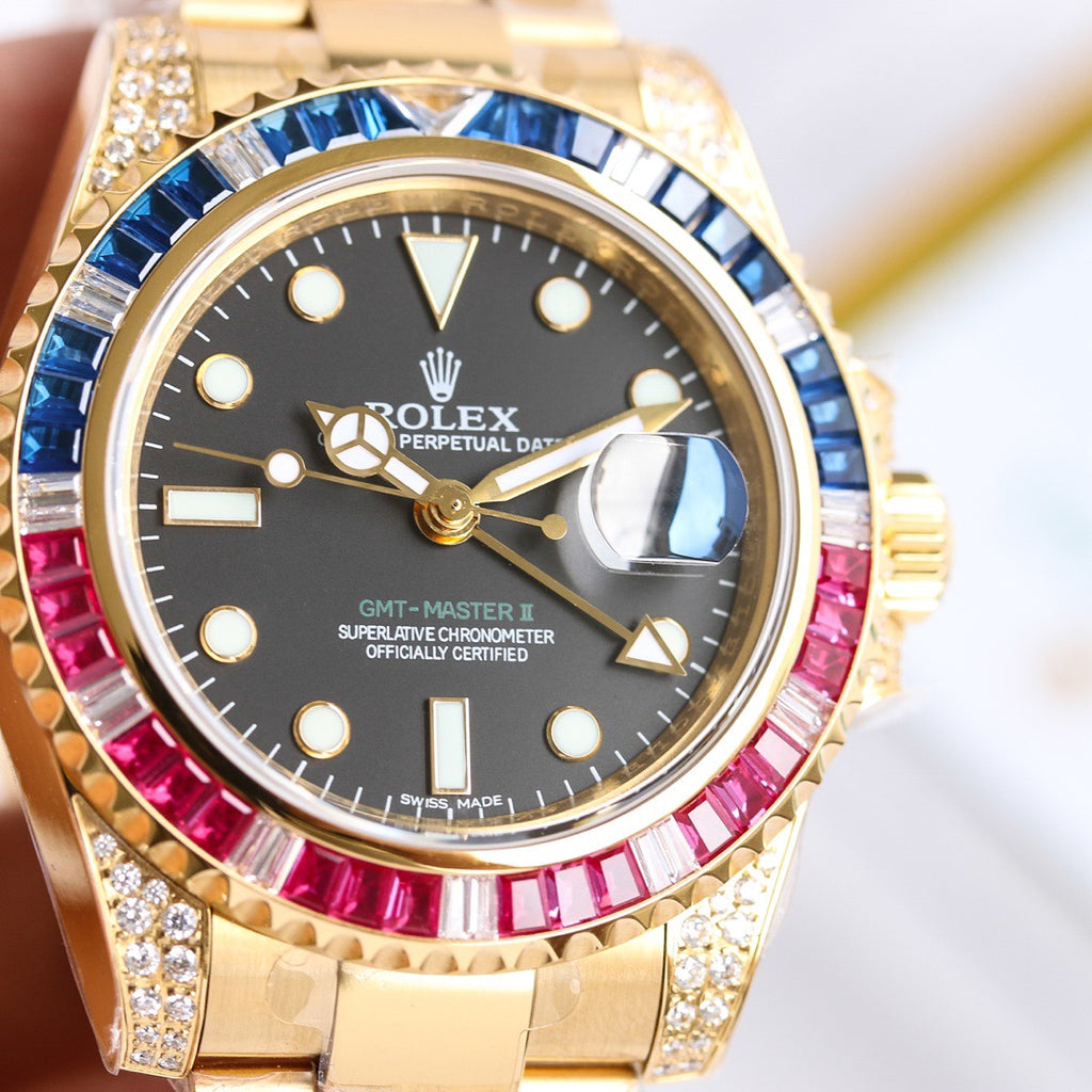 GMT-Master II Rainbow 40mm Gold Diamond Stainless Steel Black Dial Watch 5